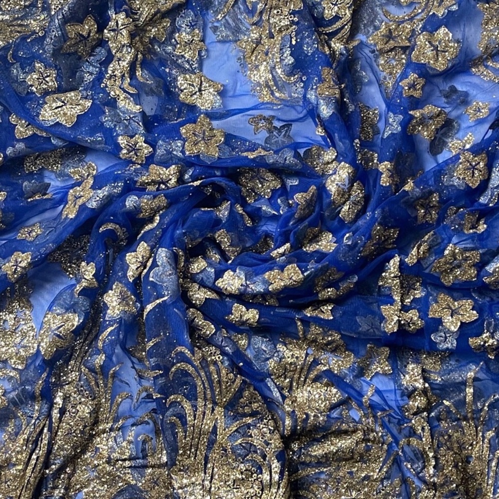Blue and Gold Metallic Appliqué Star Print Sheer Mesh  Fabric